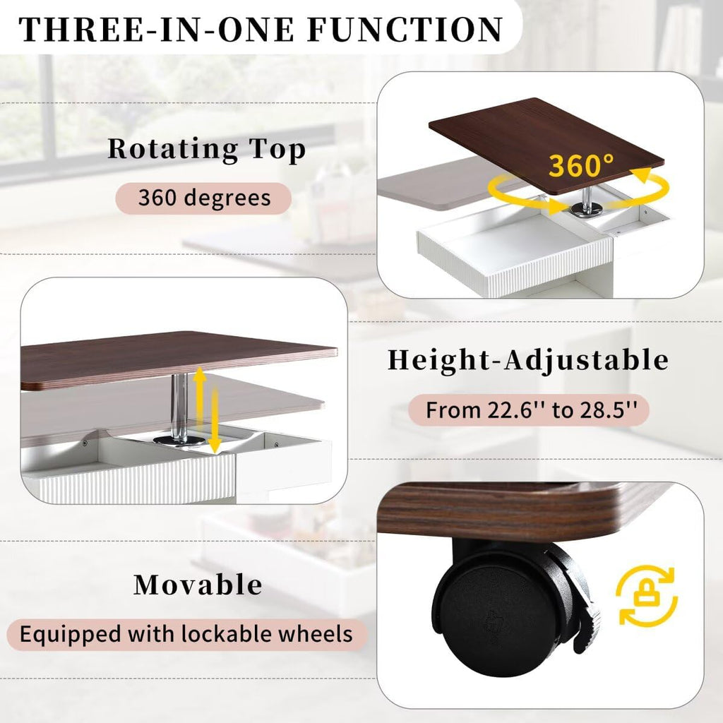 29.5" Adjustable End Table with Wheels, Modern Multifunctional Sofa Side Table with Lift-Top, 360°Rotating Top and Storage Space for Living Room, Small Space, Brown+White
