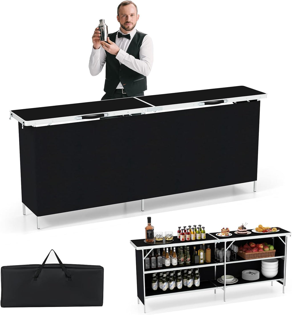 Giantex 81" Extra Long Portable Bar Table with 2-Tier Storage Shelves, Folding Mobile Bartending Station with Removable Skirt, Carry Case, for Events, Parties, Trade Shows (Black, 81''L x 32.5''H)
