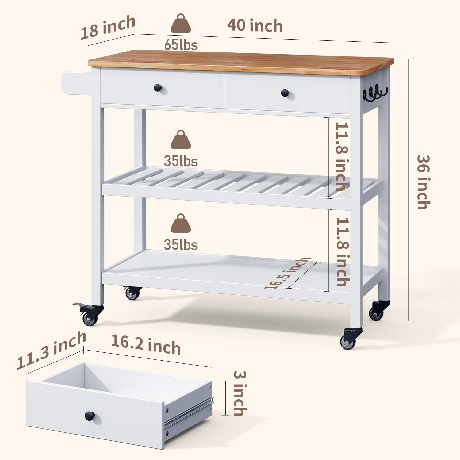 Gizoon Kitchen Island Cart on Wheels with 40'' Wood Tabletop | 2 Open Tiers Storage Shelves and Towel Rack, Rolling Utility Cart with 3 Side Hooks and 2 Drawer for Dining Room, Bar, White