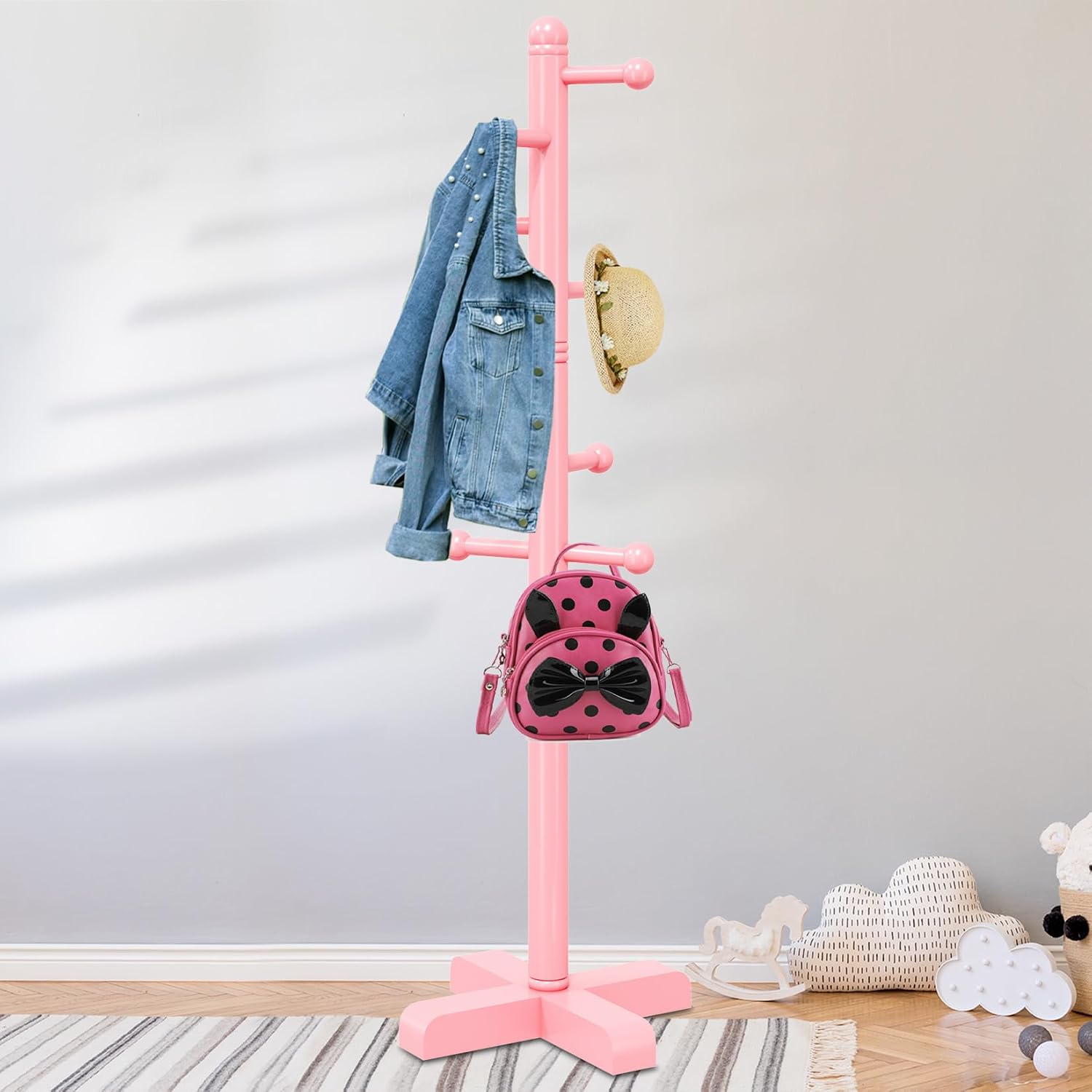 8-Hook Freestanding Wooden Coat Rack 2 Adjustable Heights Pink | Suitable for Bedroom Hallway Entrance Office,Holds Hats Handbags Purses Neatly,Space-Efficient Vertical Stand