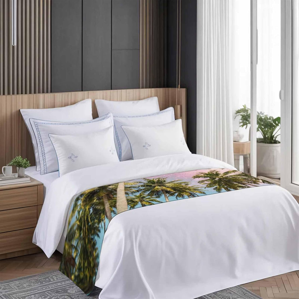 Green Coconut Trees Bed Runners for Queen Size Bed, Decorative Bed Throws for Foot of Bed, Coastal Tropical Plants Pink Blue Bed Runner Sofa Throw Bedding Scarf Protector Slipcover for Bedroom/Hotel