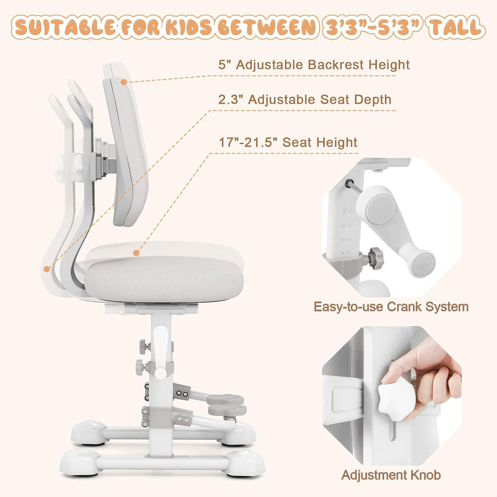 Costzon Kids Chair, Study Desk Chair with Ergonomic Double Backrest, Adjustable Seat Height & Depth, and Rotatable Footrest, Armless Kids Office Chair for Girls & Boys Aged 4-12 Years Old (Gray)