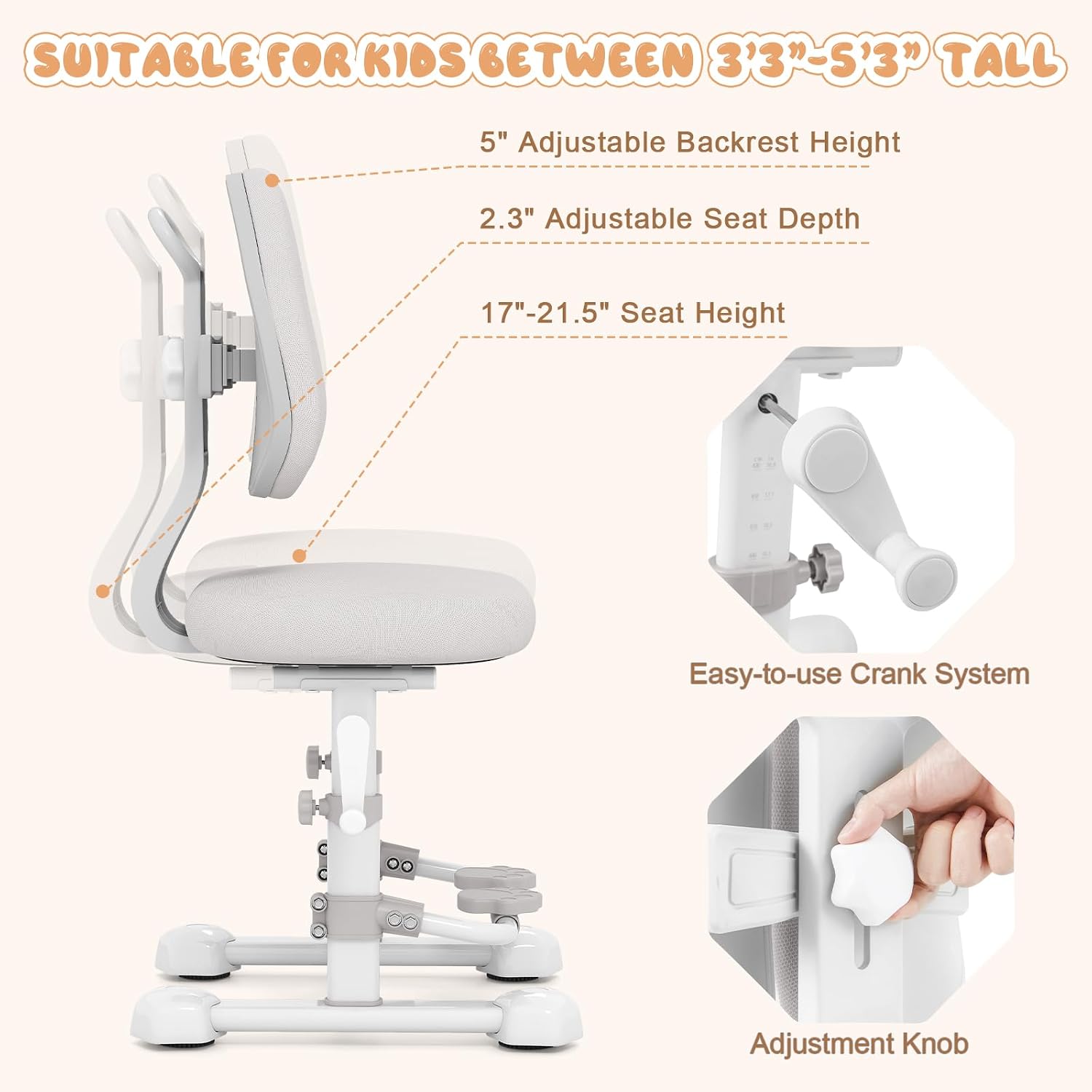 Costzon Kids Chair, Study Desk Chair with Ergonomic Double Backrest, Adjustable Seat Height & Depth, and Rotatable Footrest, Armless Kids Office Chair for Girls & Boys Aged 4-12 Years Old (Gray)