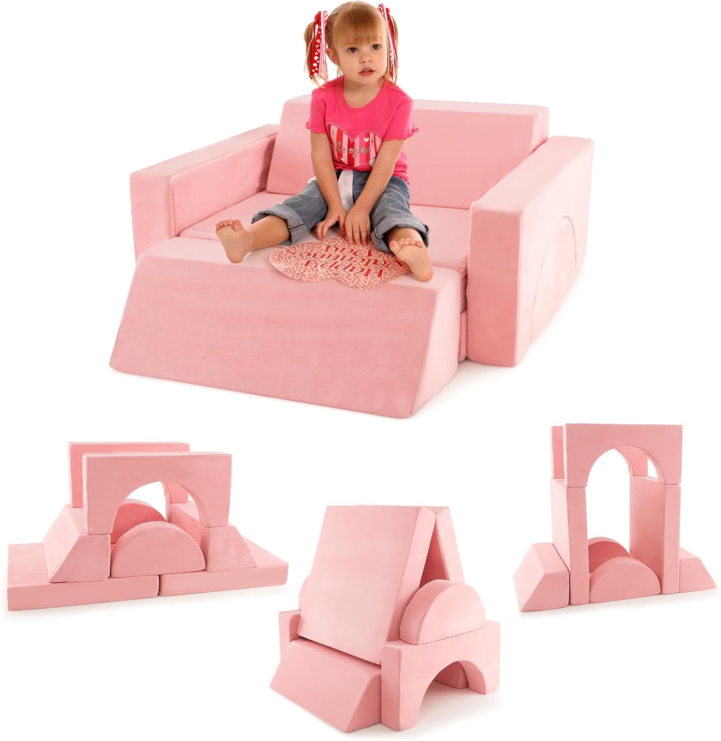Costzon Convertible Toddler Couch, 8PCS Kids Modular Play Sofa w/Detachable Cover for Playroom, Creative Couch for Playing, Creating & Sleeping, Imaginative Furniture for Girls & Boys (Pink)