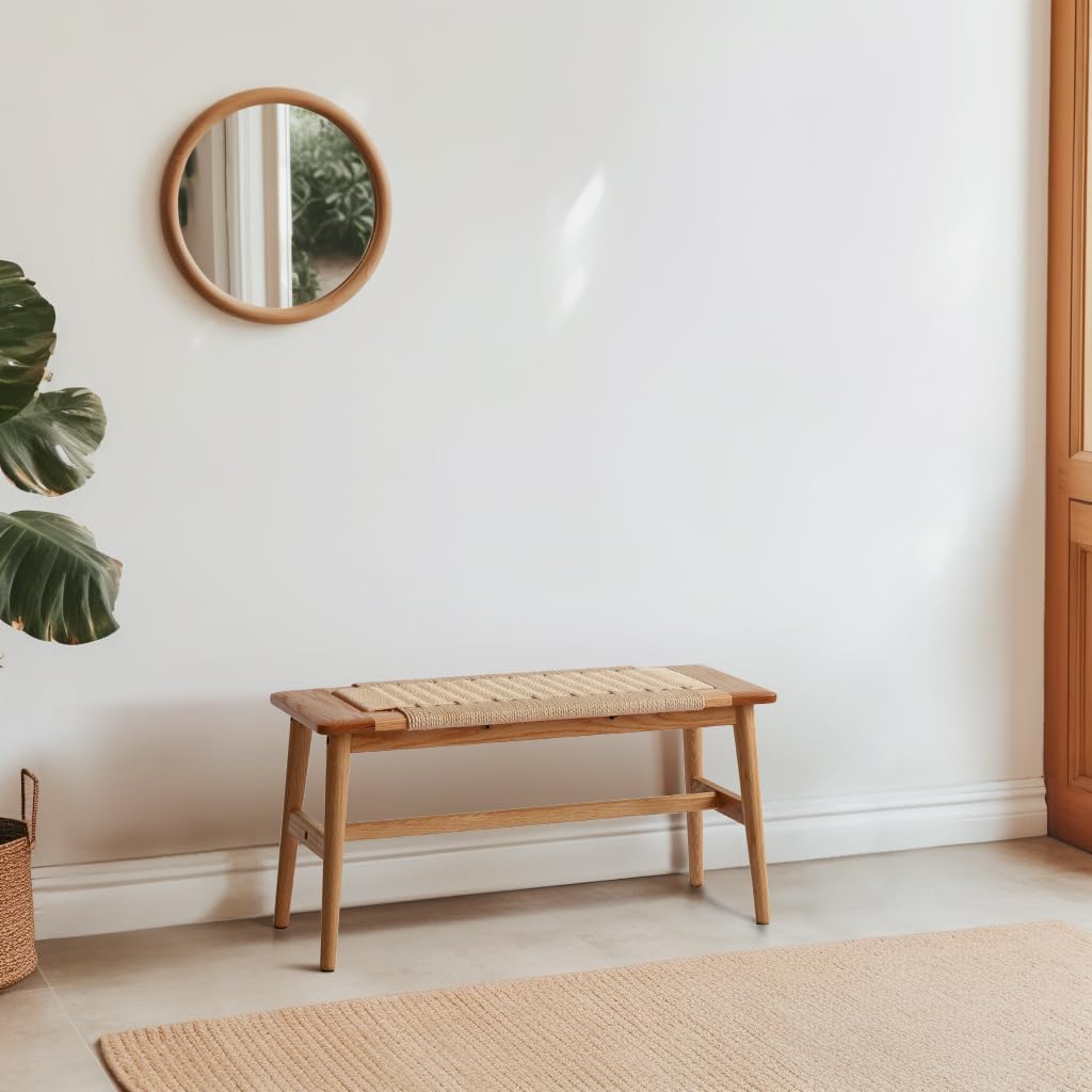 Wood Dining Bench,100% Natural Solid Oak with Rattan Design, Rounded Edge, Entryway Bench for Dining,Bedroom, Living Room (Beige Color, 31.49 inch)