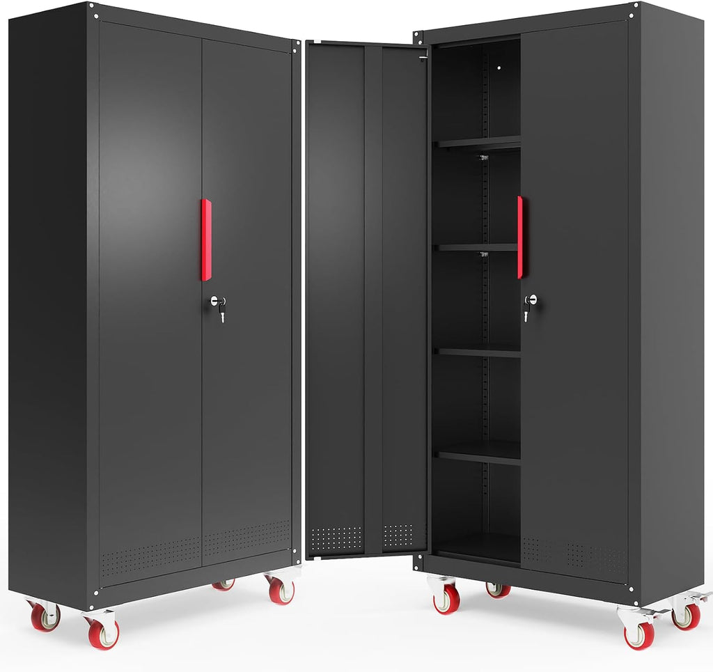 Metal Storage Cabinet with Wheels,71" Garage Cabinets with 4 Adjustable Shelves and Lockable Doors,Black Locking Cabinet Suitable for Garages,Home,Office