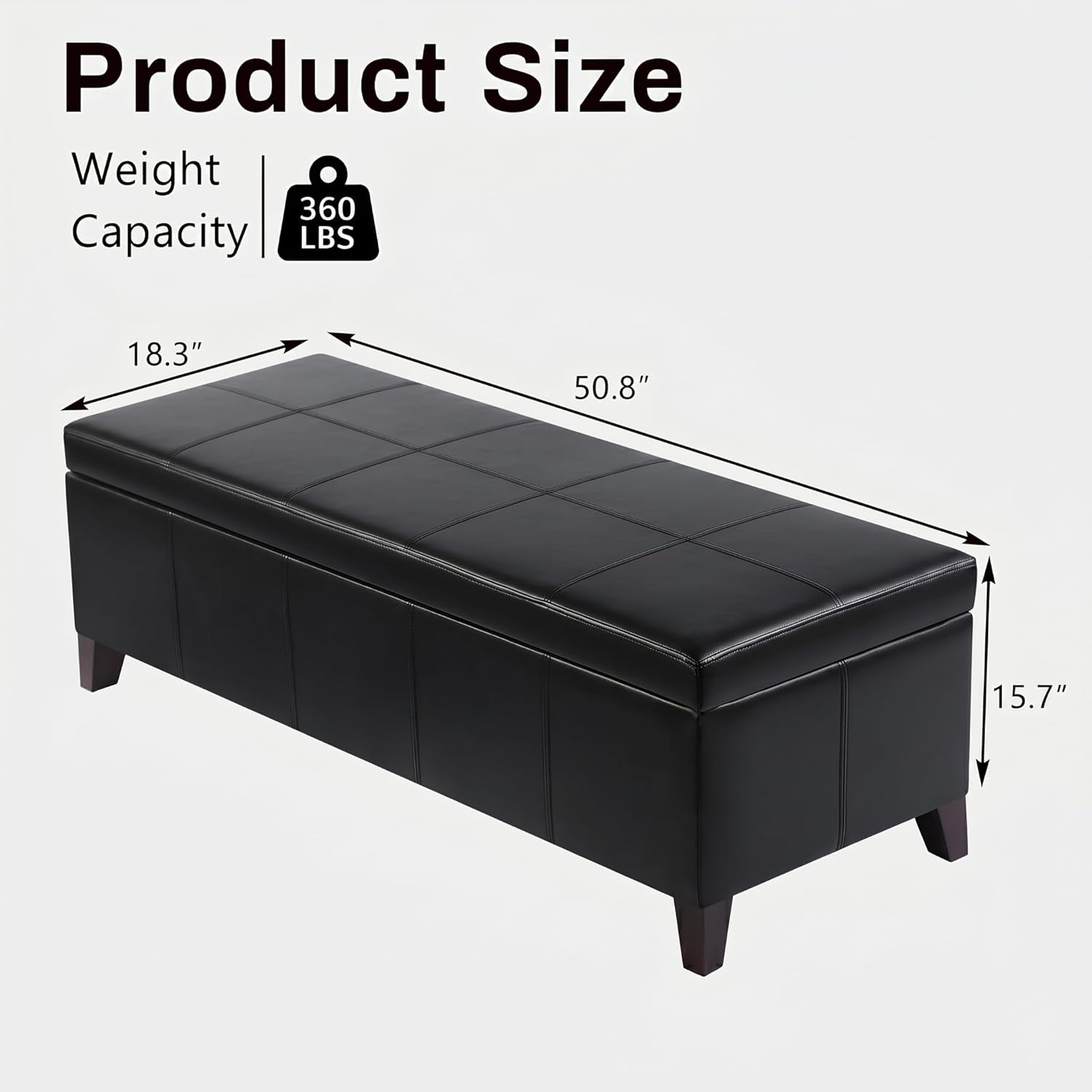 51 Inch Storage Ottoman Bench, Faux Leather Foot Rest with Hinged Lid, Long Rectangle Bed Bench for Living Room, Bedroom, Entryway, Black