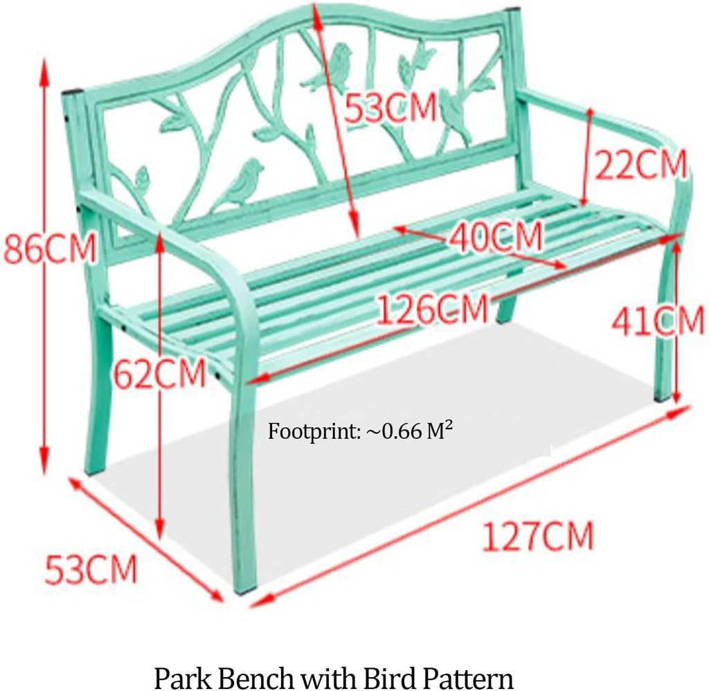 50" Outdoor Garden Bench, Slatted Seat w/Bird Pattern Backrest & Armrests, Green Patio Metal Frame Garden Bench, Durable Weather-Resistant, for Garden/Terrace