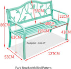 50" Outdoor Garden Bench, Slatted Seat w/Bird Pattern Backrest & Armrests, Green Patio Metal Frame Garden Bench, Durable Weather-Resistant, for Garden/Terrace