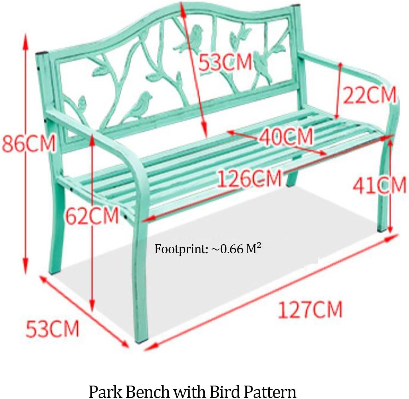 50" Outdoor Garden Bench, Slatted Seat w/Bird Pattern Backrest & Armrests, Green Patio Metal Frame Garden Bench, Durable Weather-Resistant, for Garden/Terrace