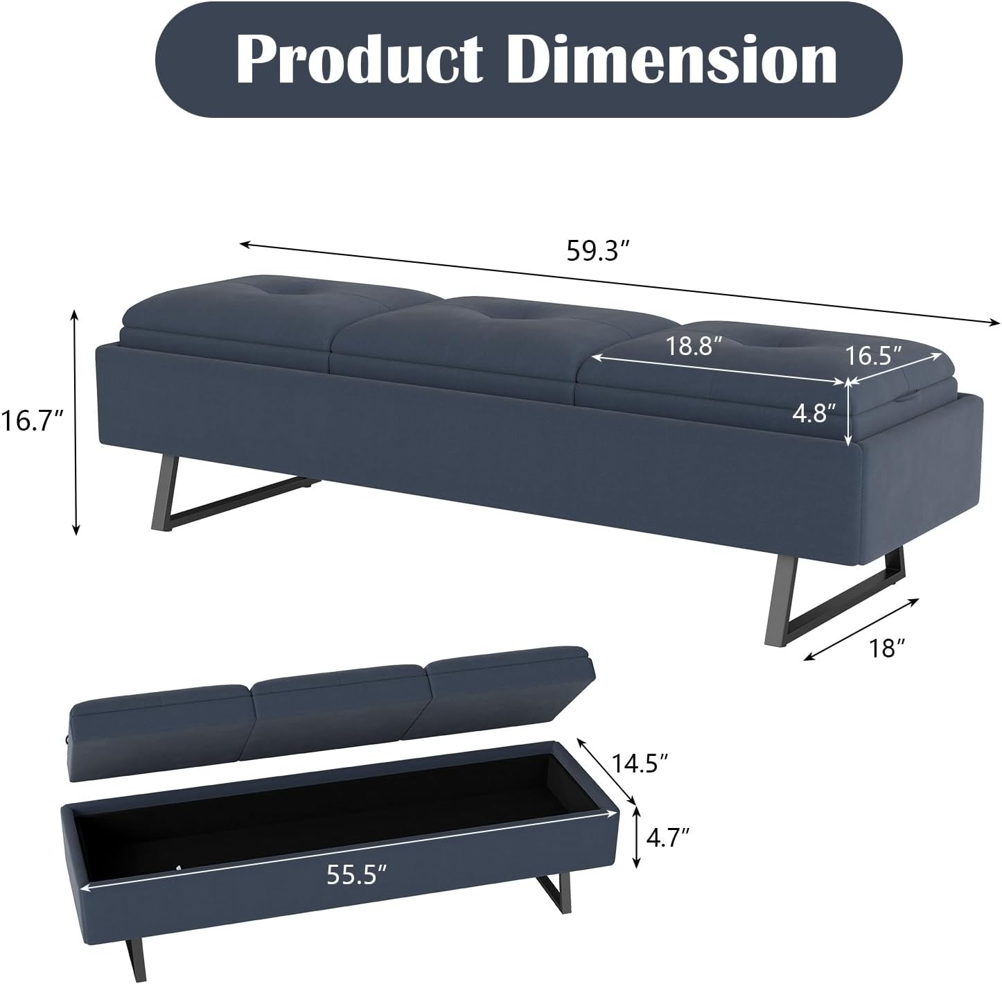 AIIT 3-Seat Waiting Room Bench - Reception Chairs with Thickened Seat & Storage Space, Waiting Room Bench Lobby Chairs for Office Entryway Living Room, Navy Blue