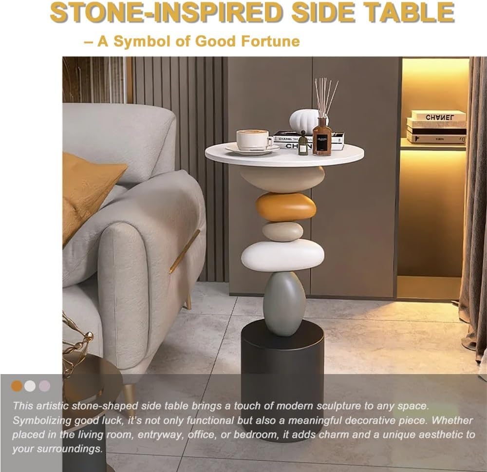 Stone-Shaped Side Table, Resin & Wood End Table, Sofa Side Table for Living Room, Bedroom, Modern Creative Accent Table, Decorative Luck-Inspired Design(Small)