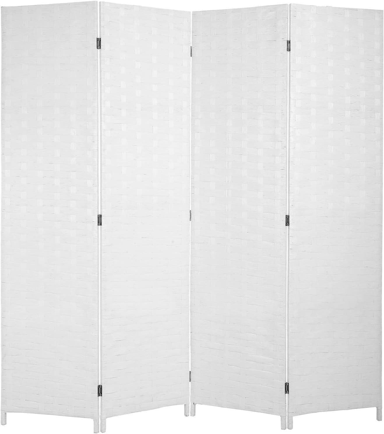 6ft Room Divider, 4 Panel Folding Privacy Screen with Hand-Woven Opaque Design, Extra Stable Wood Partition Wall, Freestanding Portable Separator for Home Office (White, 4 Panels)