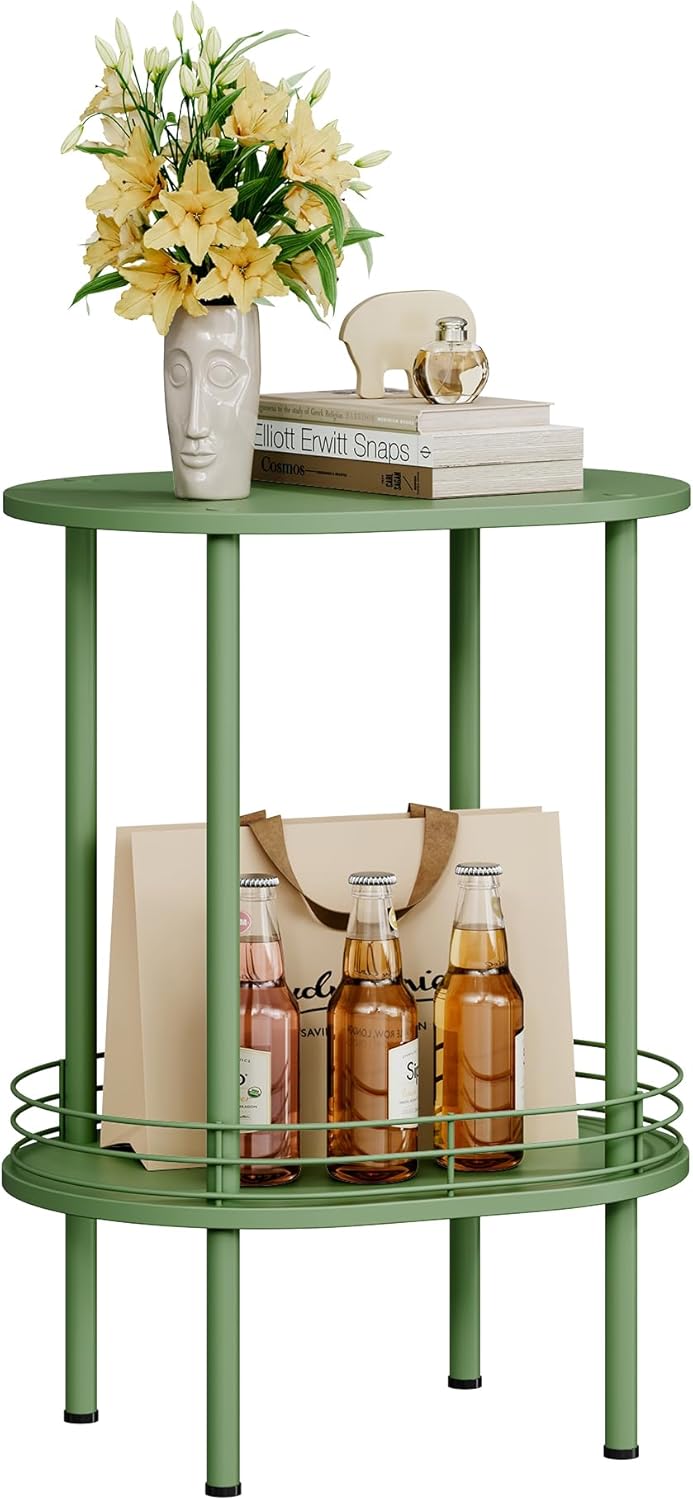 Small Modern Oval Side Table with Storage,2-Tier Side Tables Living Room,Sturdy Nightstand for Small Space - Living Room, Bedroom, Bathroom, Nursery (1PC,Green)