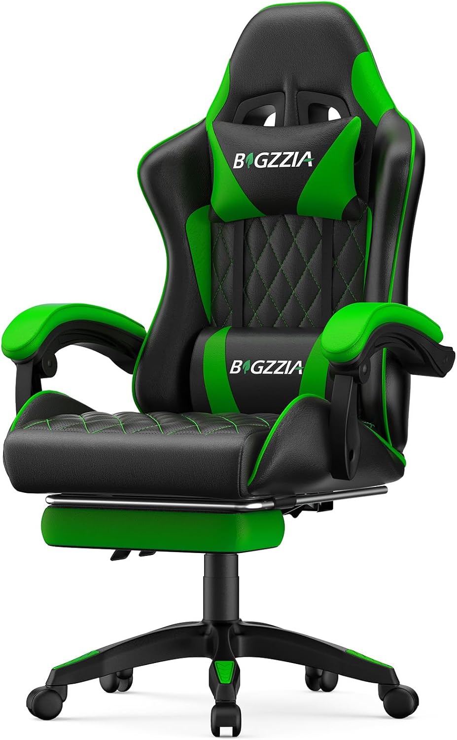 Bigzzia Gaming Chair with Footrest, Ergonomic Computer Game Chair with 20'' Wide Seat, Adjustable Lumbar Support, Headrest, 90°-135° Reclining Gaming Chairs for Adults, Black Green
