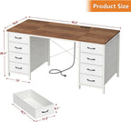 YOMILUVE 50 Inch Computer Desk with 8 Drawers, Home Office Desk with Power Outlets, Work Study Gaming Desk with 8 Fabric Drawers, Brown and White