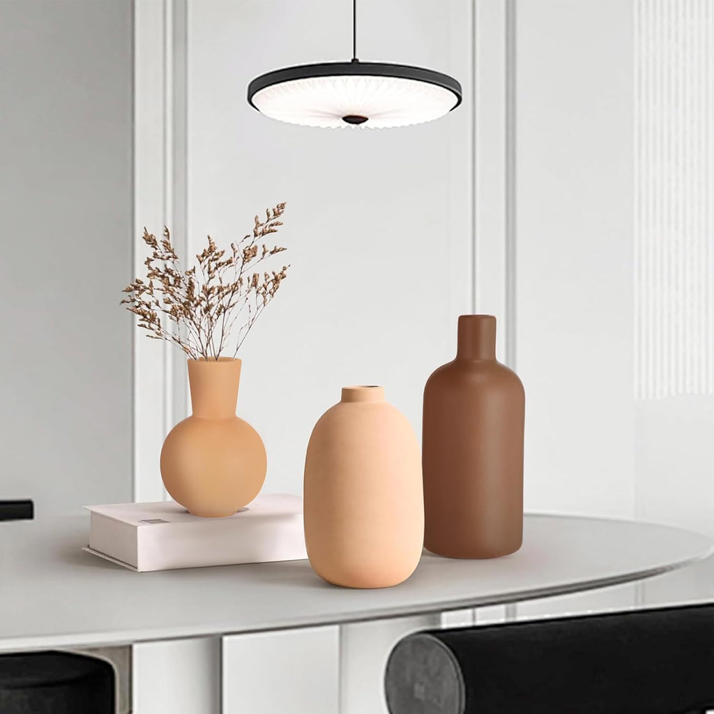 3 Pcs Ceramic Vases for Pampas Grass Modern Terracotta Vase Brown for Home Decor Round Matte Boho for Table Decor Living Room Minimalist Nordic Centerpiece Decorations, 7.1", 5.8", 4.9"