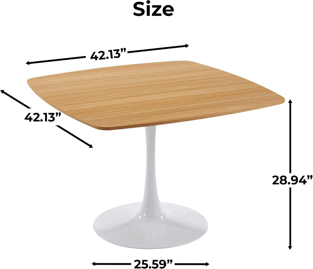 42" Natural Tulip Table, Square Dining Table for 4, Pedestal Table with Metal Base, Mid Century Bistro Table for Kitchen & Small Spaces