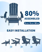 GarveeLife Folding Adirondack Chair Set of 2, All-Weather HDPE Outdoor Chair, Wooden Textured with Cup Holder for patios, Decks, Gardens, fire pits, Navy Blue