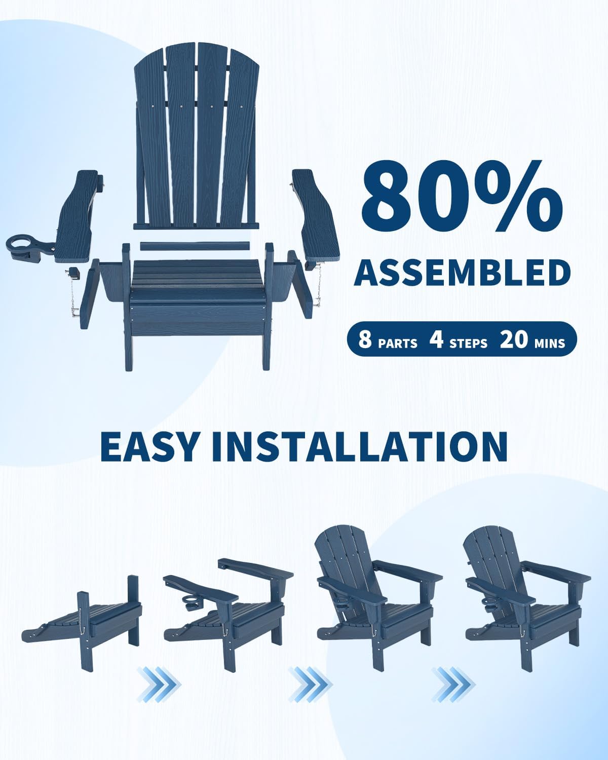 Garvee Folding Adirondack Chair Set of 2 with Side Table, HDPE Outdoor Patio Chair with Cup Holder, All Weather Resistent Wooden Textured for patios, Decks, Gardens, fire Pit, Navy Blue