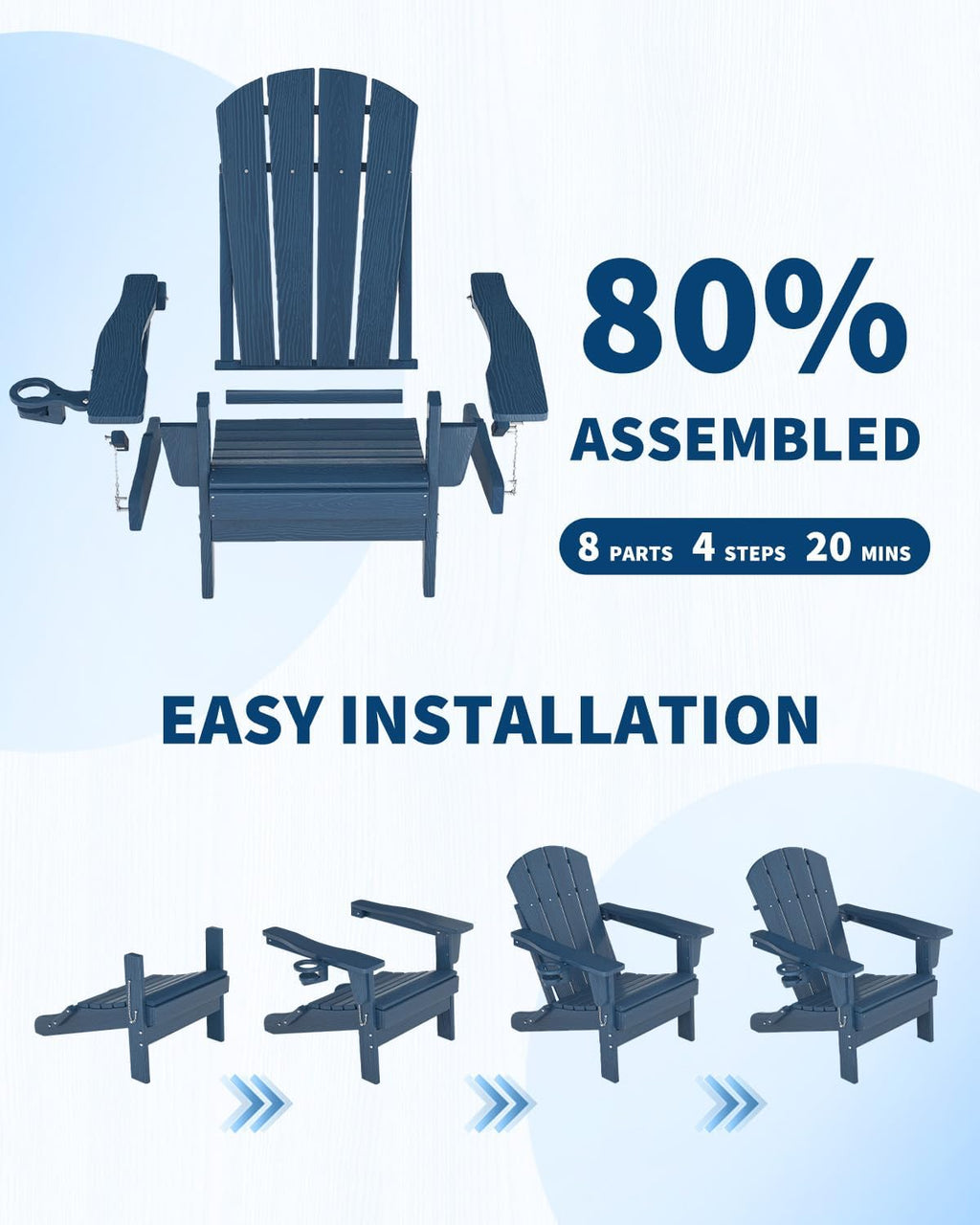 Garvee Folding Adirondack Chair Set of 2, HDPE Outdoor Patio Chair with Cup Holder, All Weather Resistent Wooden Textured for patios, Decks, Gardens, fire Pit, Navy Blue