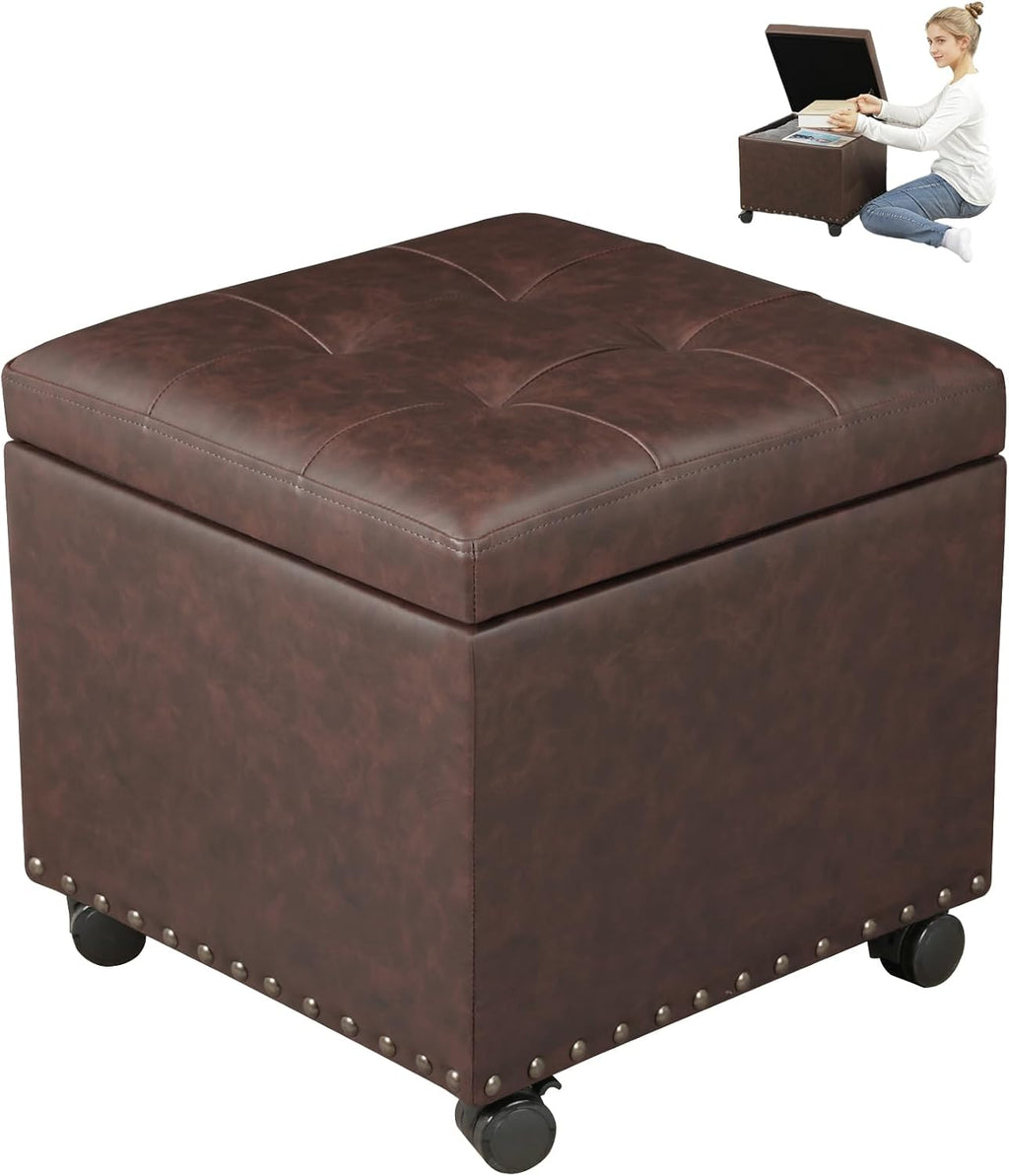 Leather Ottoman with Storage,Square Ottomans Foot Rest with Hinged Lid & Solid Wood Legs Upholstered Cube Footstool Hidden Storage for Living Room, Bedroom(Brown)