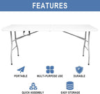 6FT Folding Table, Portable Fold-in-Half Plastic Utility Table with Carrying Handle, Heavy Duty Indoor Outdoor Dining Picnic Camping Party Table, Waterproof & Scratch Resistant, White