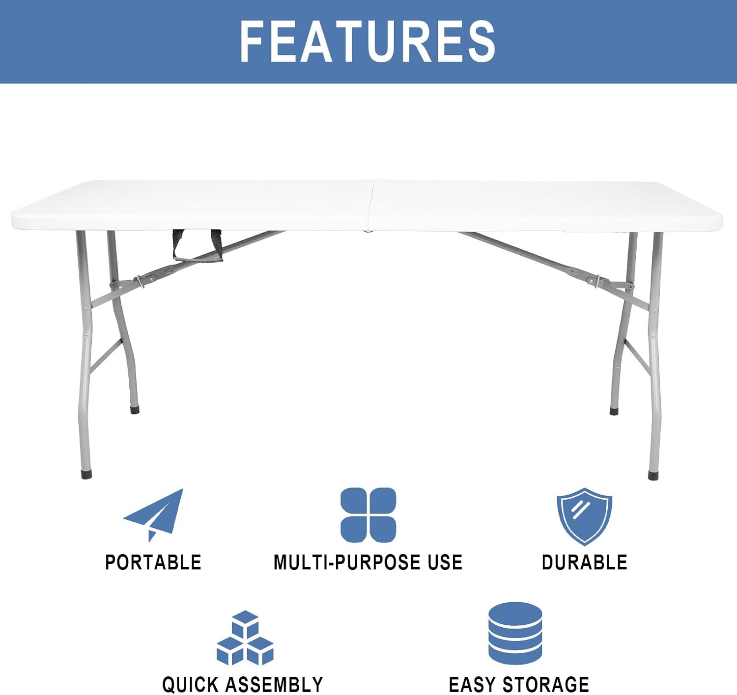 6FT Folding Table, Portable Fold-in-Half Plastic Utility Table with Carrying Handle, Heavy Duty Indoor Outdoor Dining Picnic Camping Party Table, Waterproof & Scratch Resistant, White
