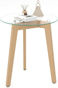 GOFLAME Glass End Table, 21” Round Couch Sofa Side Table with Solid Rubber Wood Frame & Tempered Glass Top, Modern Bedside Tables, Compact Circle Nightstand for Living Room, Bedroom, Natural (1)