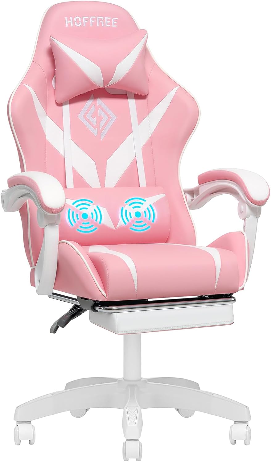 HOFFREE Pink Gaming Chair for Girls with Massage Computer Gamer Chair with Footrest and Lumbar Support Reclining PC Game Chair with Headrest for Gaming Room
