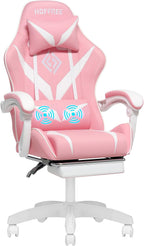 HOFFREE Pink Gaming Chair for Girls with Massage Computer Gamer Chair with Footrest and Lumbar Support Reclining PC Game Chair with Headrest for Gaming Room