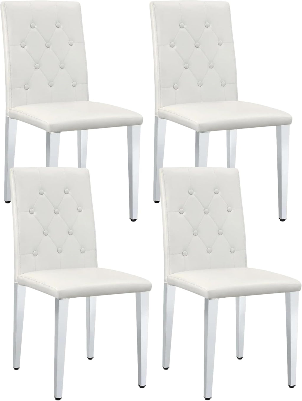 Modern Dining Chairs Set of 4, Button Tufted Upholstered Parsons Chairs with Silver Metal Legs, White PU Leather Kitchen Chair for Dining Room, Kitchen, Restaurant