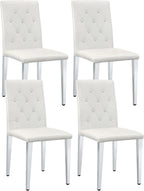 Modern Dining Chairs Set of 4, Button Tufted Upholstered Parsons Chairs with Silver Metal Legs, White PU Leather Kitchen Chair for Dining Room, Kitchen, Restaurant