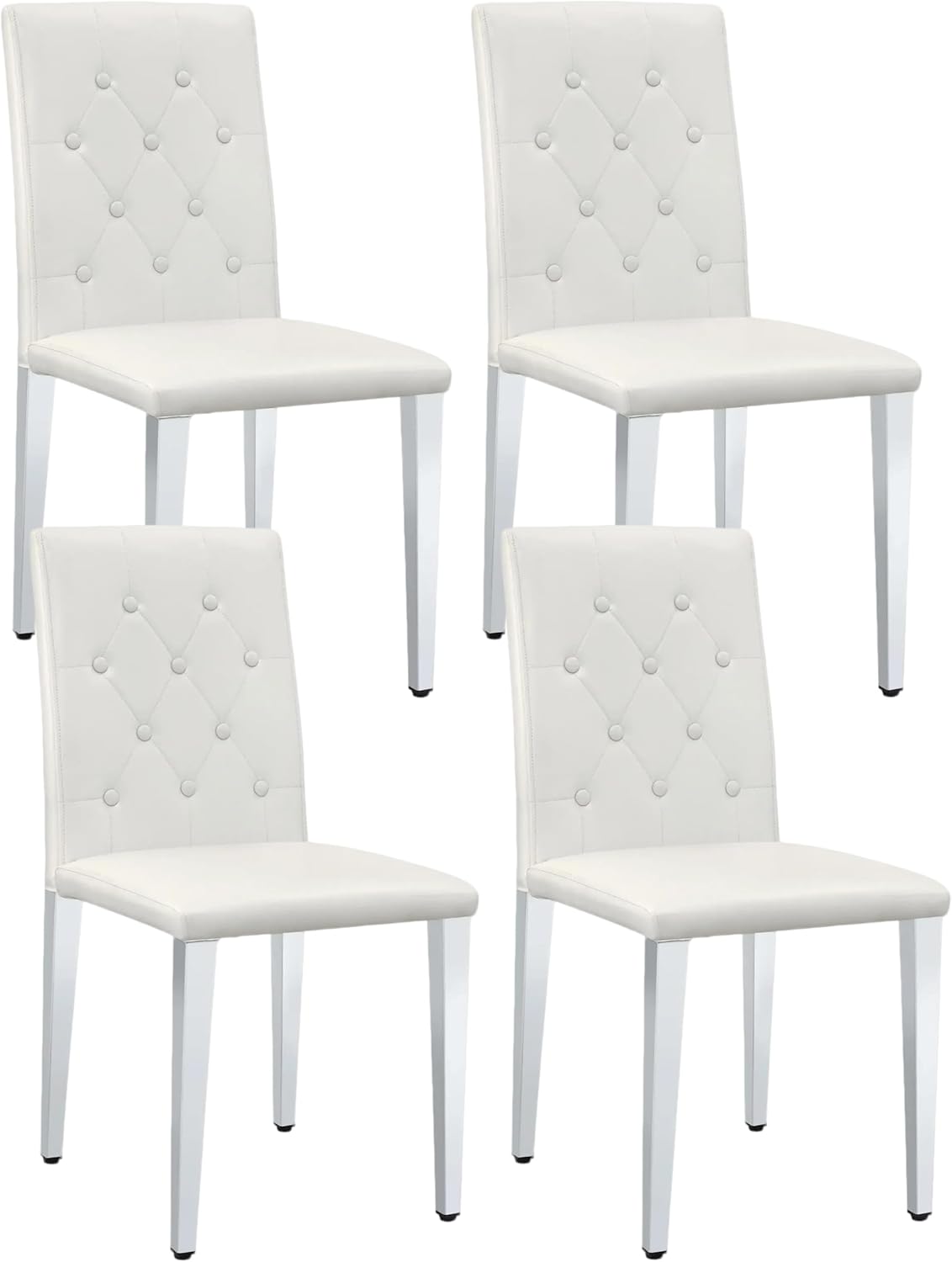 Modern Dining Chairs Set of 4, Button Tufted Upholstered Parsons Chairs with Silver Metal Legs, White PU Leather Kitchen Chair for Dining Room, Kitchen, Restaurant