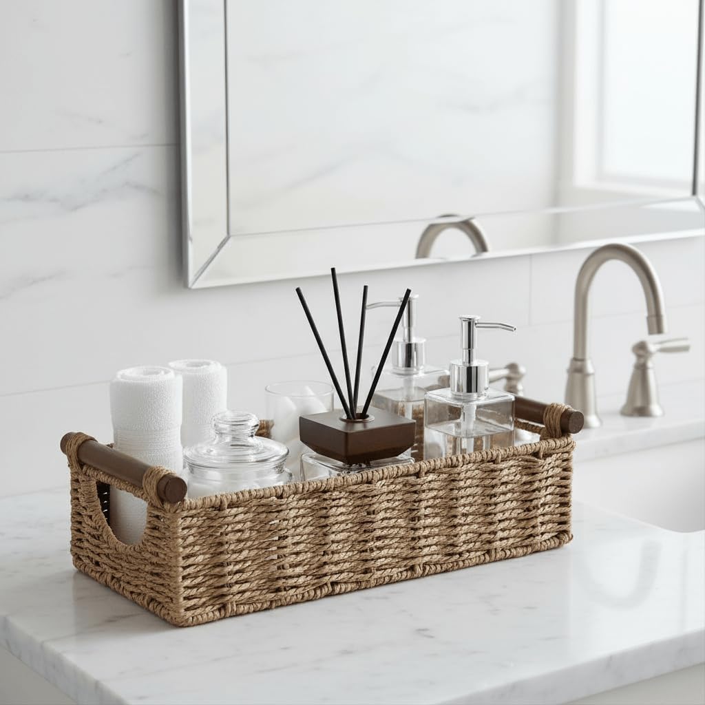 CubesLand Small Wicker Toilet Basket Tray Organizer W/Cut Out Handle, Handwoven Slim Decorative Basket for Countertop, Shelves And for Rustic Home Decor, Living Room, Nursery Organization, Neutral