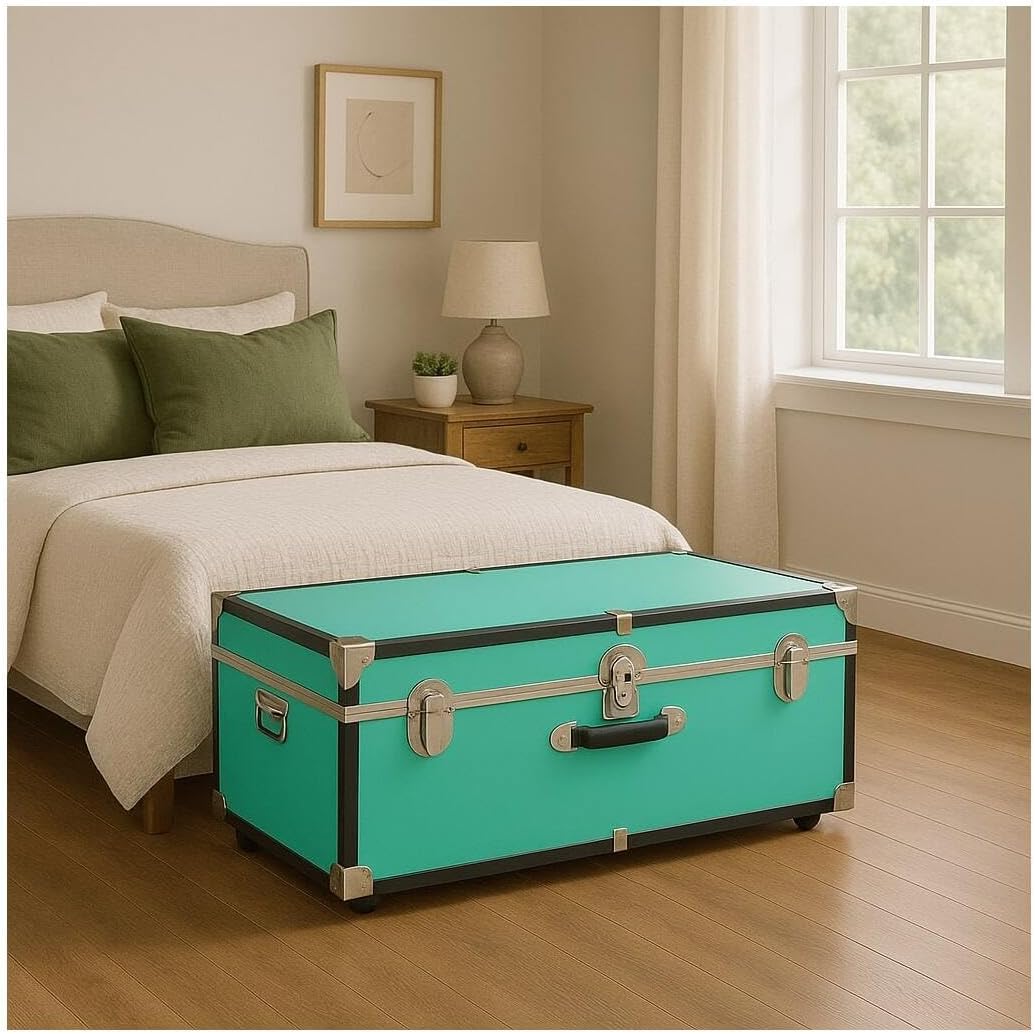 HomeStock Rustic Romance Heavy Duty 30" Under Bed College Storage Trunk with Lock, Latch Closure Type, 15.75" D x 30" W x 12.25" H, Ideal Camp Dorm Room Trunk Footlocker Teal