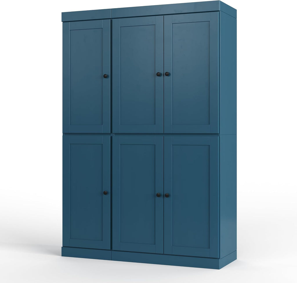 Palace Imports Solid Wood Kitchen Pantry Cabinet - 71.5" H x 48.5" W – Wooden Storage Cabinet w/ 6 Shaker Doors, 2 Drawers & 8 Adjustable Shelves – Teal Blue, 100% Eco-Friendly Wood, Made in Brazil