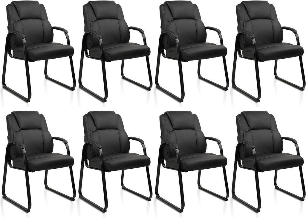 CLATINA Classic Leather Soft Reception Chair with Padded Armrests and Sled Base, Executive Guest Chair for Office Computer Desk Conference Waiting Meeting Room, Black (8 Pack)