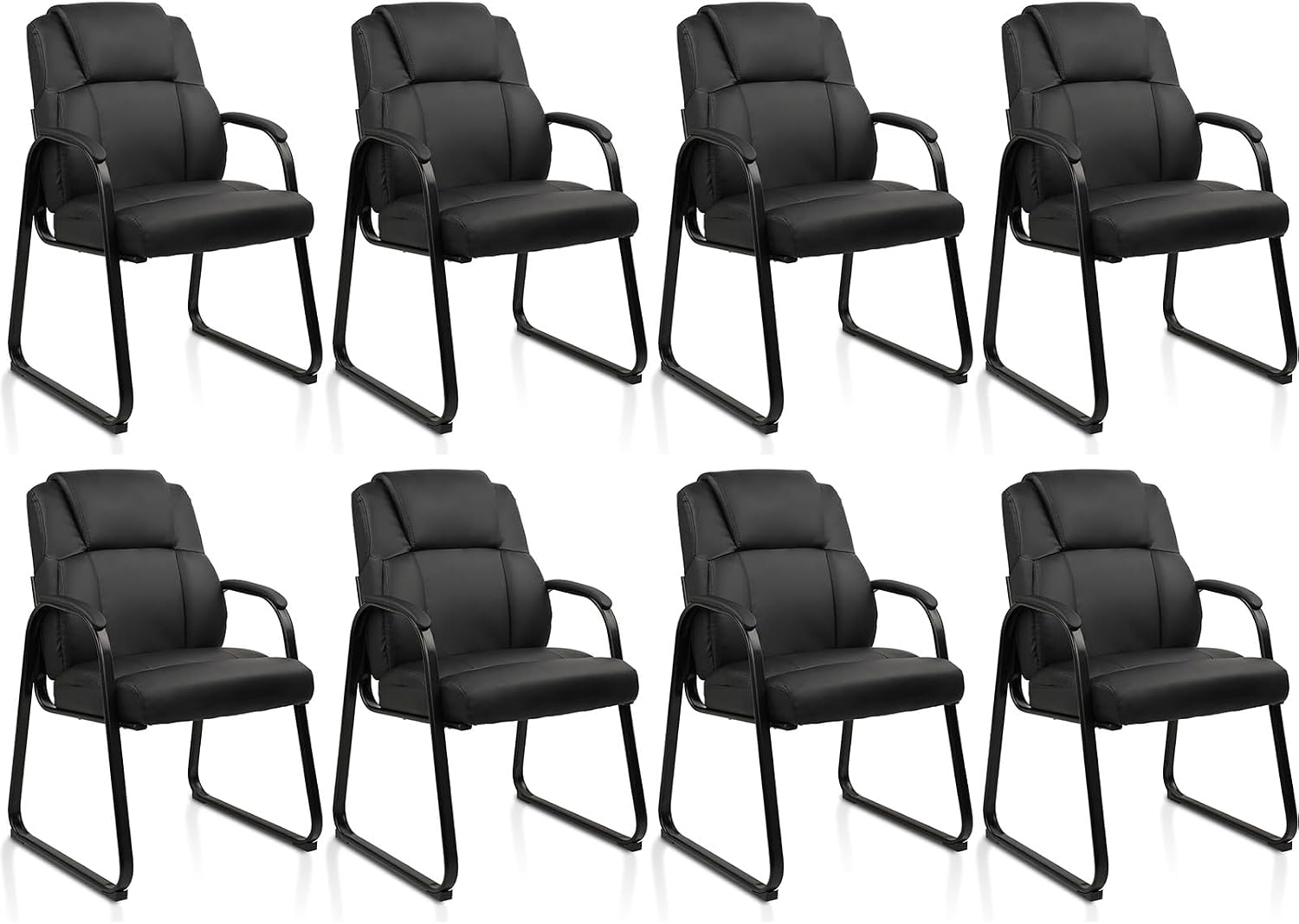 CLATINA Classic Leather Soft Reception Chair with Padded Armrests and Sled Base, Executive Guest Chair for Office Computer Desk Conference Waiting Meeting Room, Black (8 Pack)