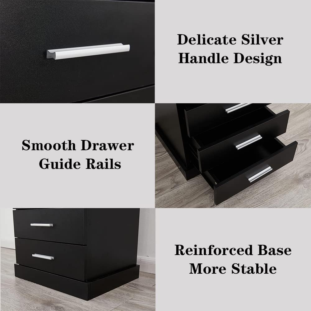 Halitaa Black LED Nightstand with Charging Station, Side Table with 3 Drawers and Light, End Table with Open Storage, Beside Cabinet for Bedroom (Black)