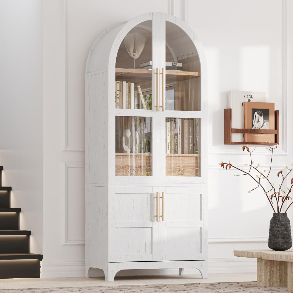 71 Inch Farmhouse Kitchen Pantry Storage Cabinet with Doors, Open Shelf, Hidden Drawer, Adjustable Shelves, Glass Door, Cupboard for Dining Room (Retro White Arched Pantry Cabinet+ MDF)