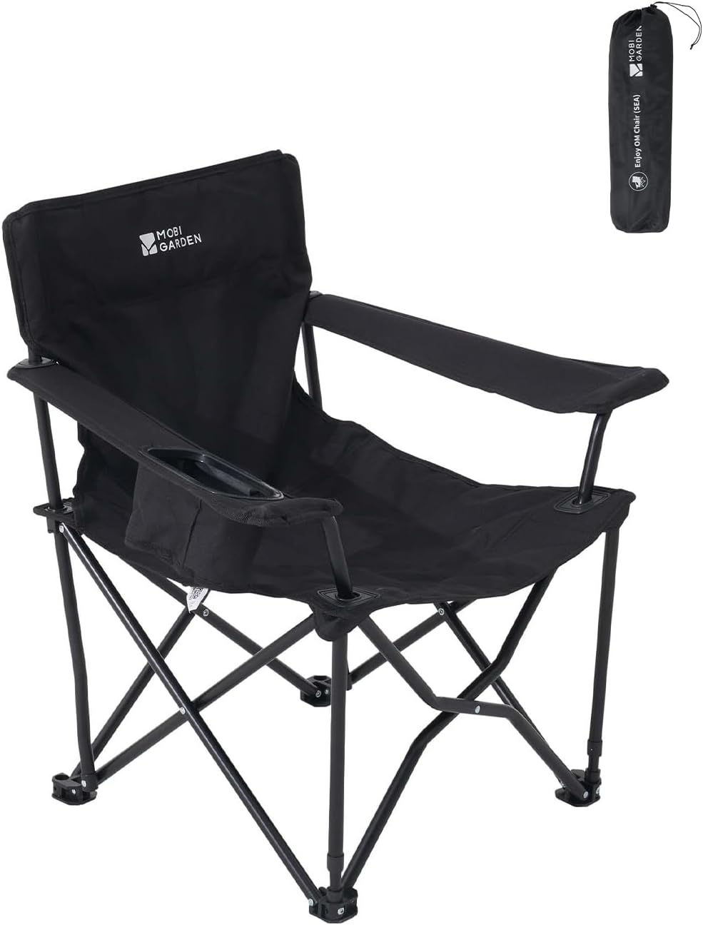 MOBI GARDEN Portable Camping Chair for Adults, Cushion Seat & Back Quad Chair with 2 Cup Holder and Mesh Back Pocket, Carry Bag Included, Black