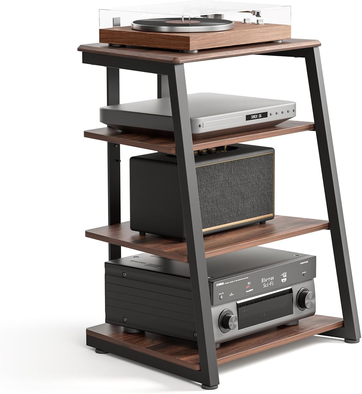 FITUEYES 4-Tier AV Media Stand Corner Shelf for Record Player Wooden Stereo Cabinet Audio Rack Tower with Height Adjustable Wooden Shelves for ps4 (Walnut)