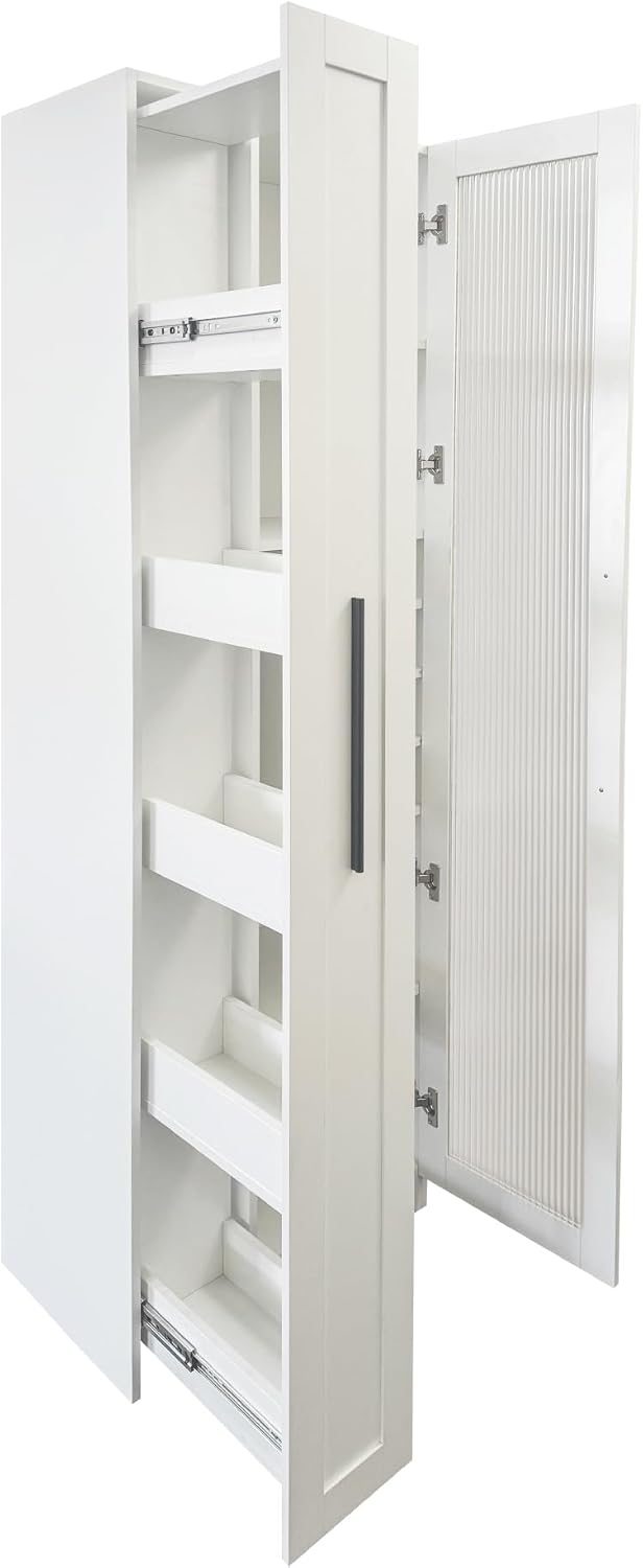 LUMISOL Kitchen Pantry Cabinet with Pull-Out Multi-ttier Storage Shelf, Kitchen Storage Cabinet with Glass Door, Pantry Organizers for Living Room Dining Room, White