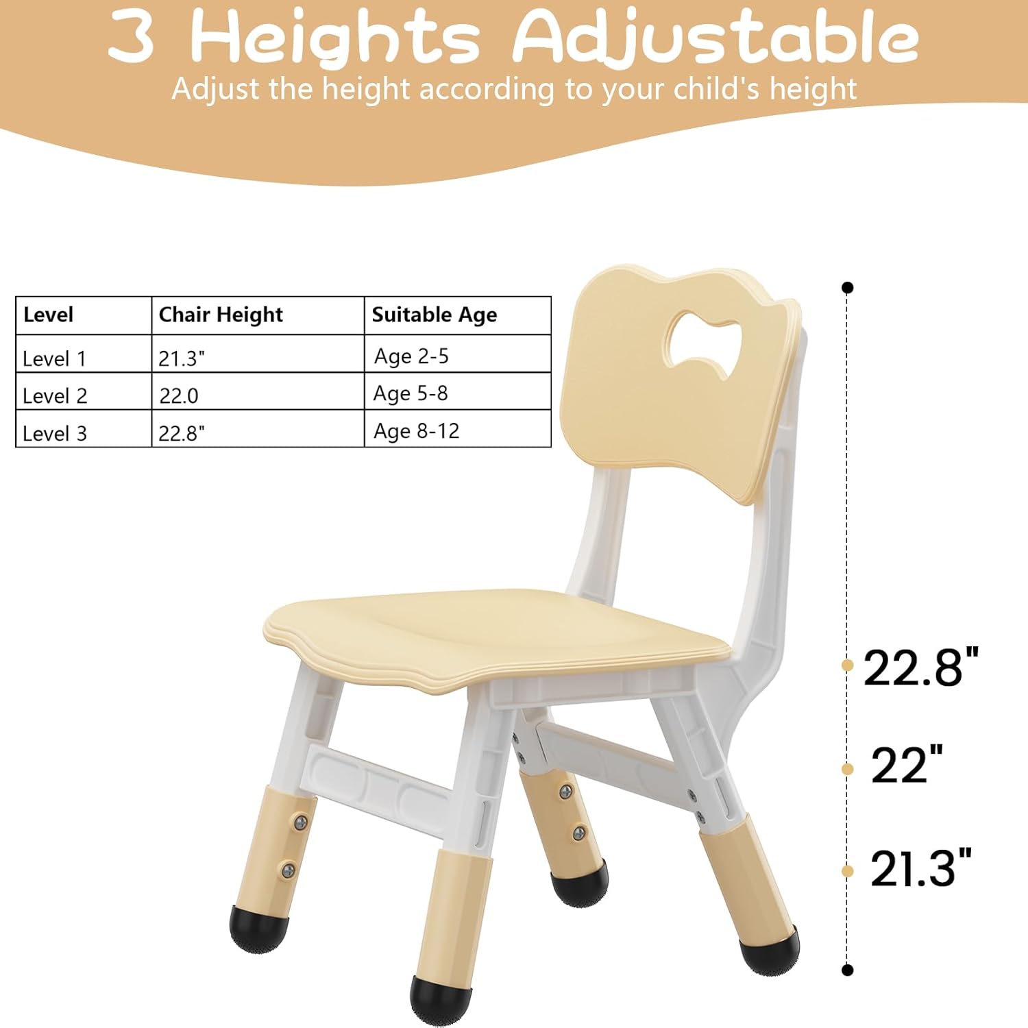 GAOMON Kids Chair, 3 Level Height Adjustable Kid Chair, Plastic Toddler Chairs for Children Boys Girls Age 2-6, Suitable for Home Family Classroom Nursery Indoor Use (2 Pack, Natural)
