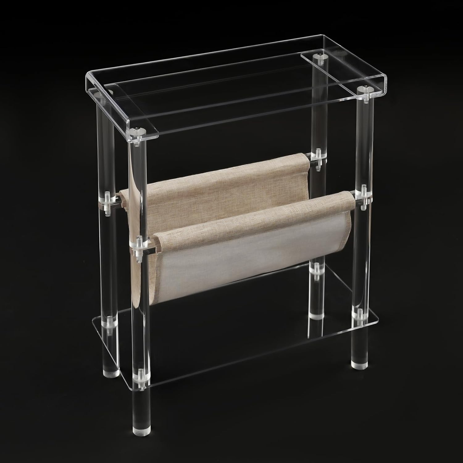 Acrylic Narrow Side Table for Small Spaces, 7" W×23.9" H x 15.7" L Slim End Table with Magazine Holder, Clear Skinny Bedside Table Nightstand for Living Room, Bedroom, Sofa
