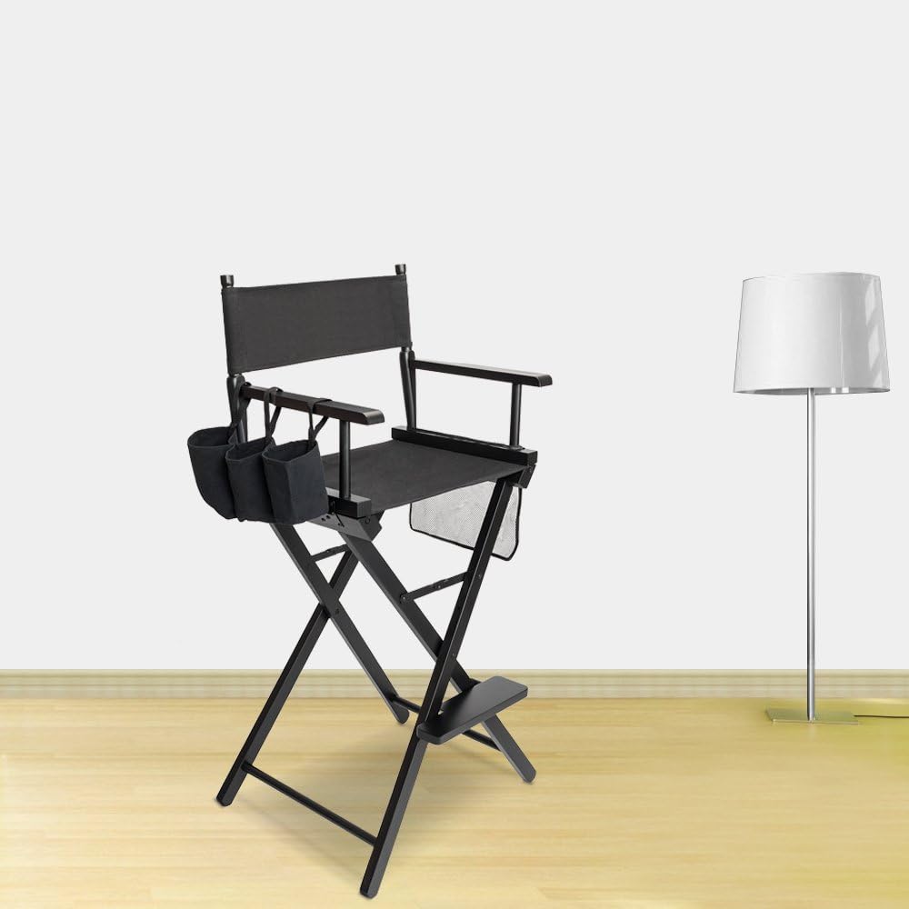 OmySalon Upgraded 31" Height Tall Director Chair Folding Artist Makeup with Replacement Cover Canvas, Storage Side Bags, Portable Footrest, Support 250 lbs,Solid Hardwood & Polyester Black
