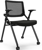 Foldable Office Chair with PU Wheels and Smooth Armrest-Ergonomic Mesh Bouncing Back, Stackable Conference Room Chair, Office Guest & Reception & Meeting Chair (Black)