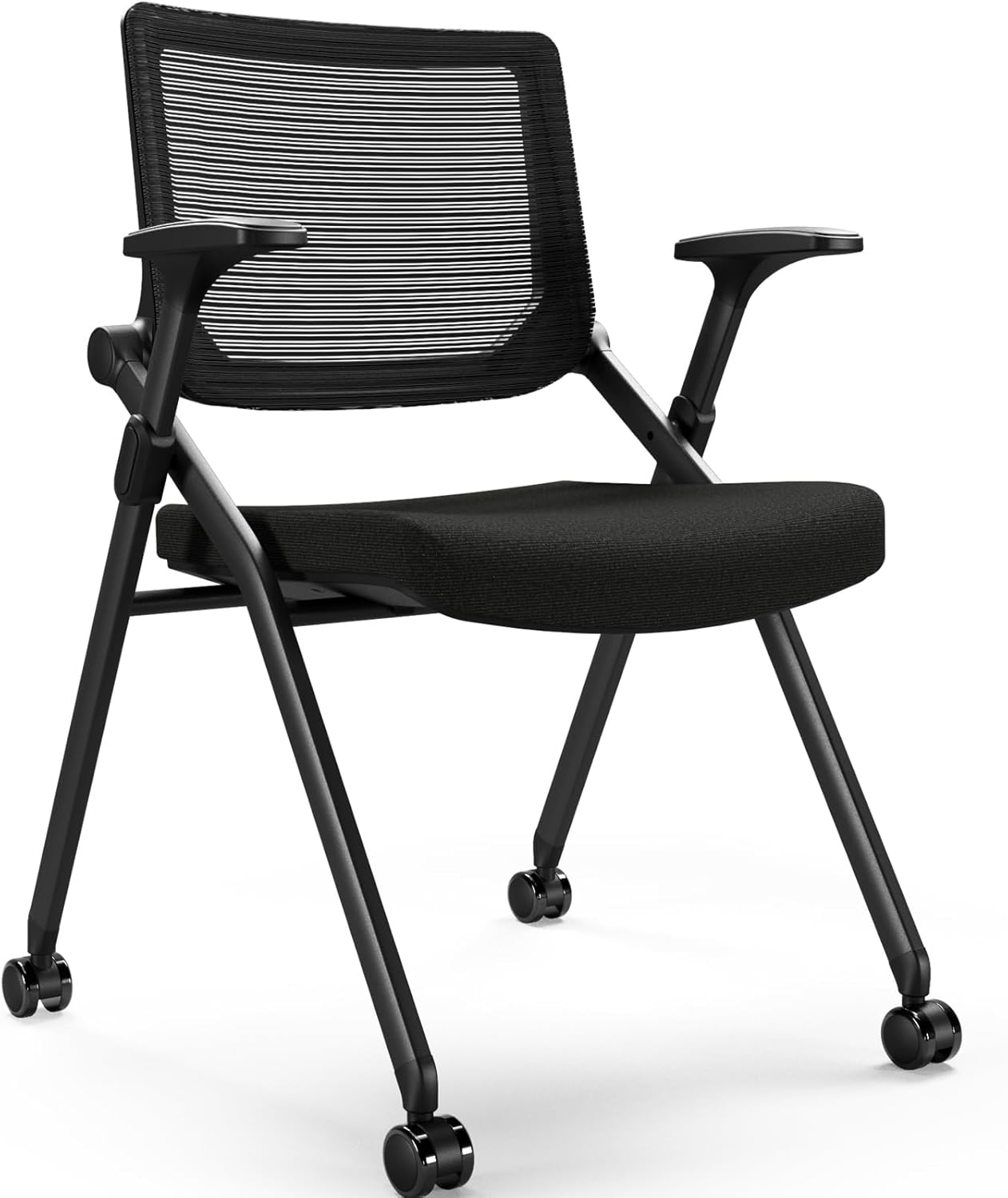 Foldable Office Chair with PU Wheels and Smooth Armrest-Ergonomic Mesh Bouncing Back, Stackable Conference Room Chair, Office Guest & Reception & Meeting Chair (Black)