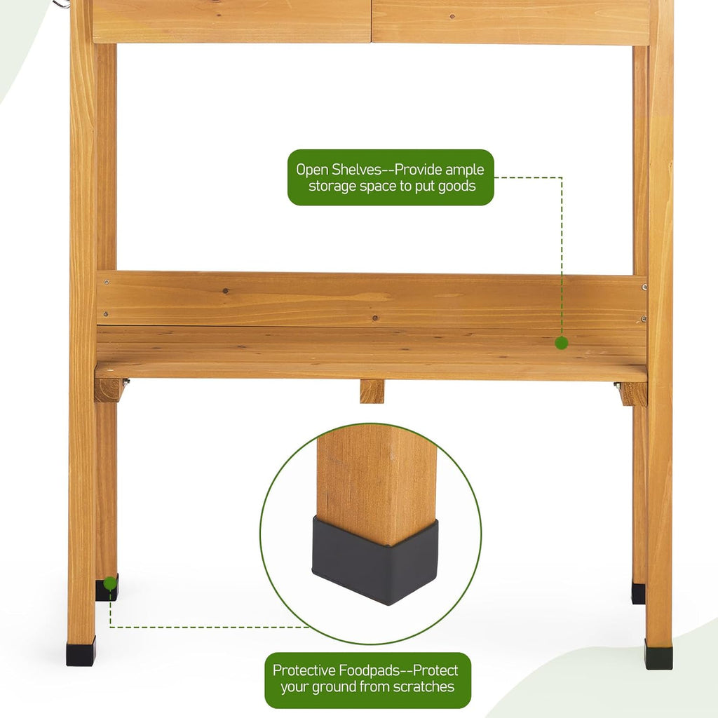 Outvita Outdoor Garden Potting Bench Table Work Bench with 2 Drawer, Storage Shelf, Metal Tabletop, 3 Hooks for Horticulture, Natural Wood